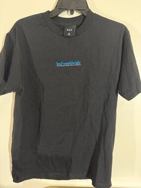 HUF Black Short Sleeve Tee with Blue "huf worldwide" Chest Logo